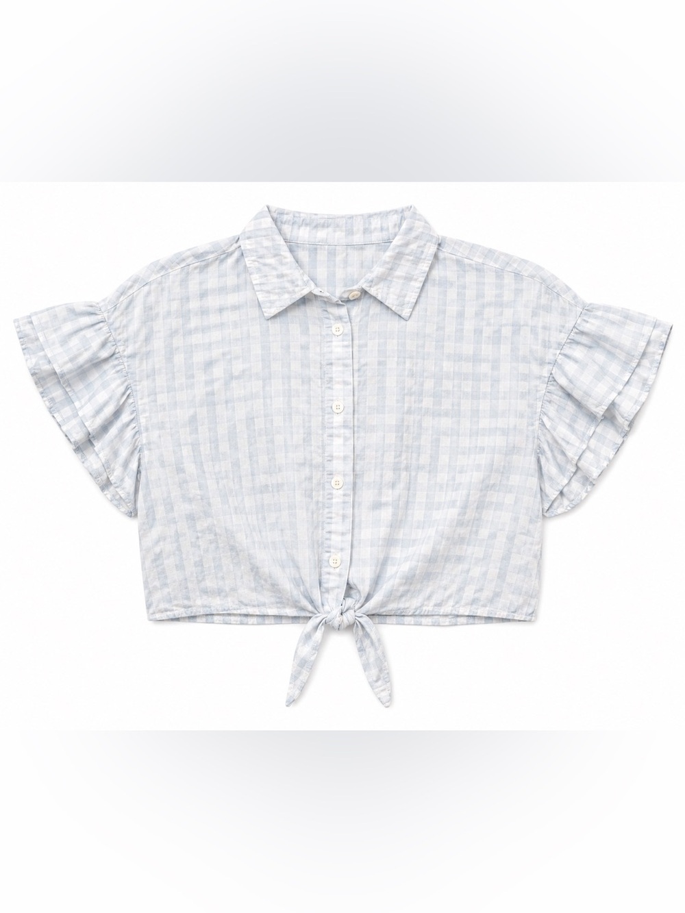 CUPCAKES & CASHMERE BLUE AND WHITE RUFFLE SLEEVE BUTTON DOWN TOP